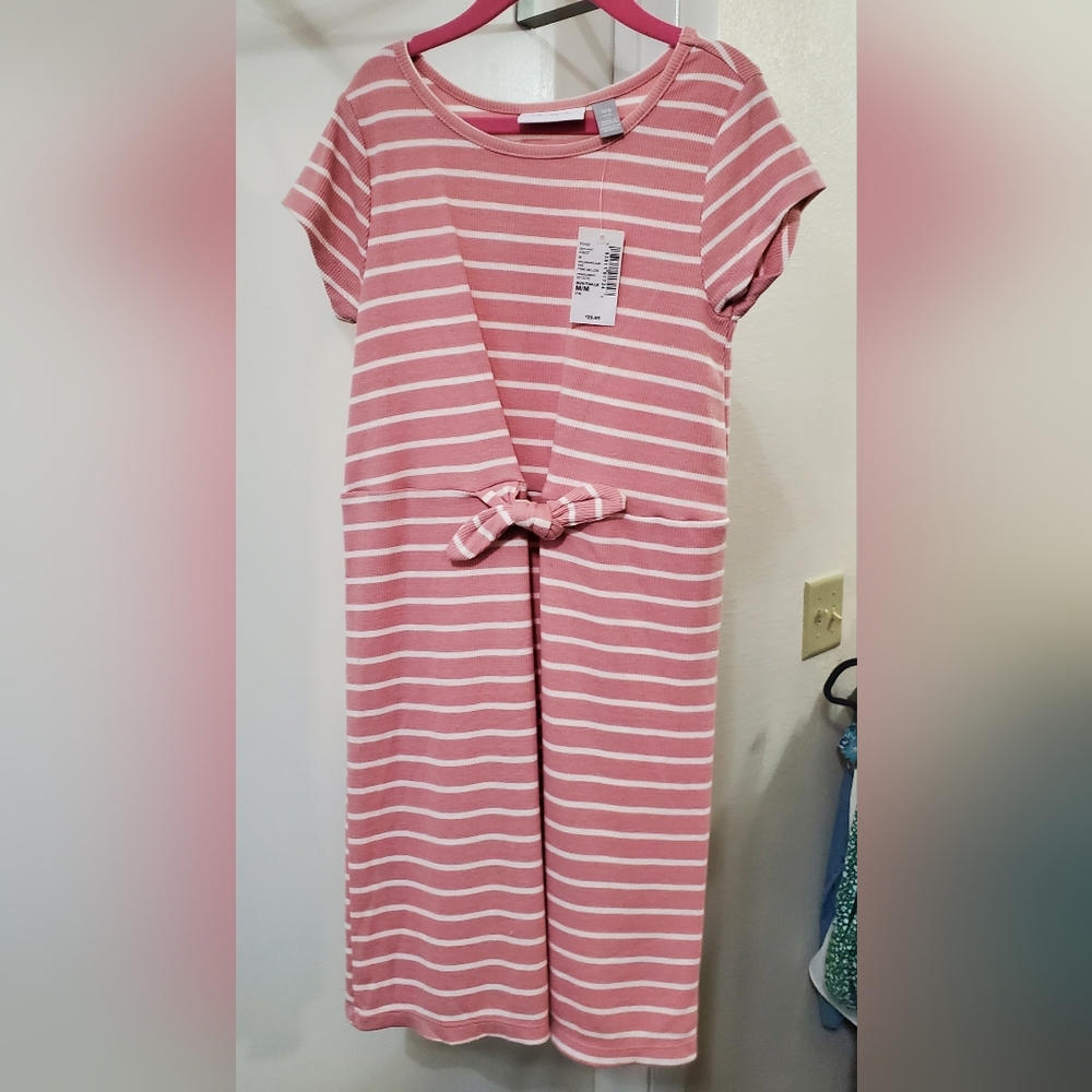 Girls Striped Tie Front Dress - Pink Melon
